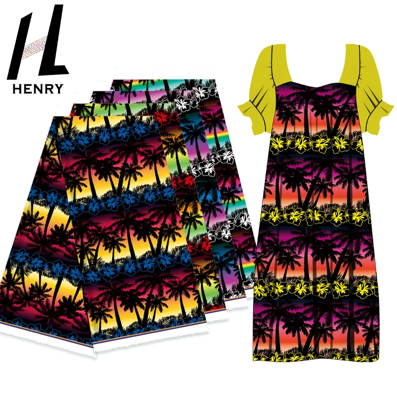

Henry Micronesia Mumu Dress Woven Polyester Digital Print Fabrics For Garment Skirt All Black Background Factory Price