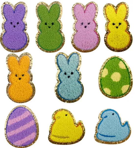 

Easter Theme cute iron on gold edge chenille Easter bunny Patch for Clothing Bag decoration