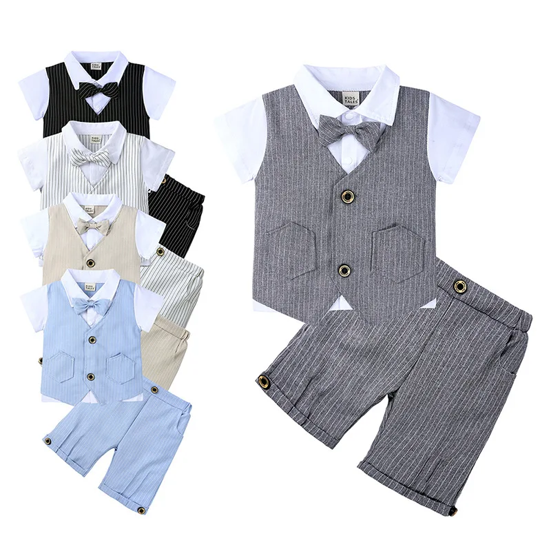 

2019 summer latest style gentleman short-sleeved handsome knitted cotton shirt two-piece newborn baby clothes boys clothing sets, As pic shows, we can according to your request also