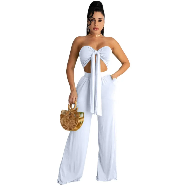 

Latest new design Sexy 2 Piece Set For Women Bandage Crop Tops Wide Leg Pants Summer Ladies Street Outfits, Picture shows