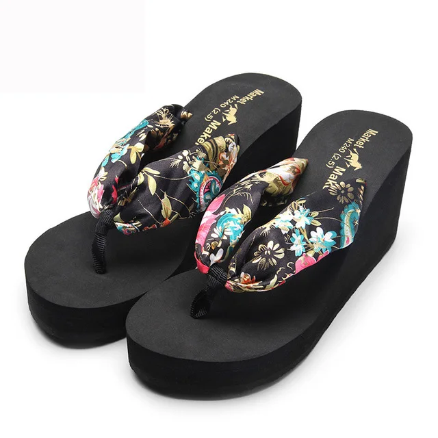 

2021 New arrival Bohemia Fashion silk bowknot flip-flops platform summer Wedges women's slippers, Blue/black/beige/brown