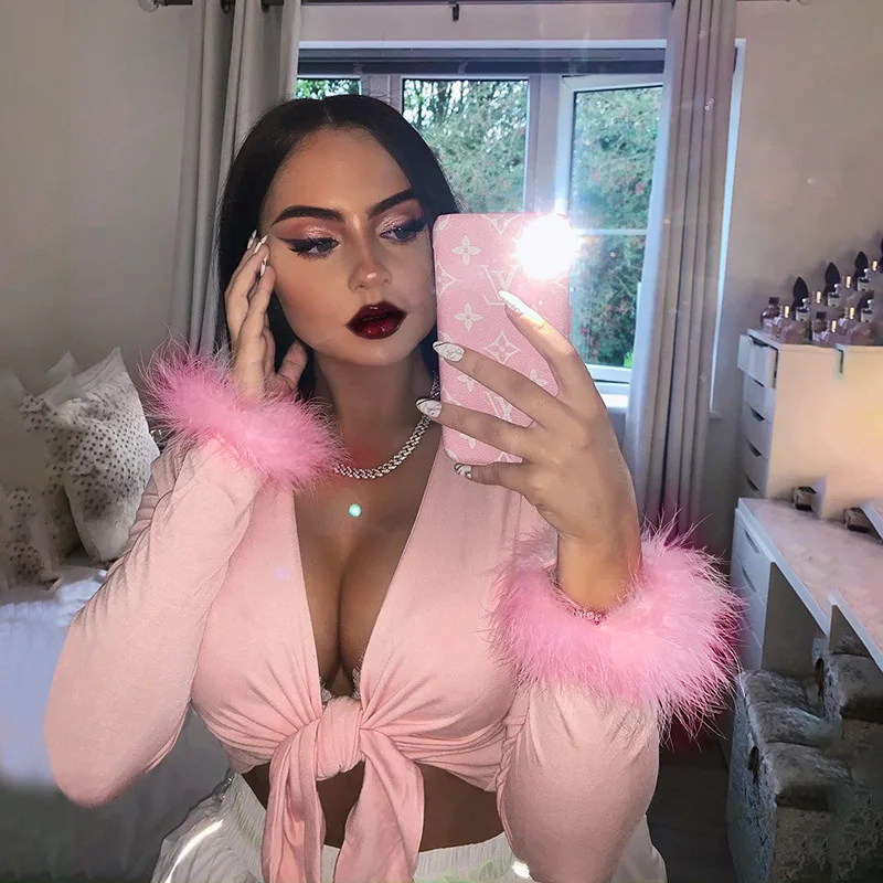 

New Arrival Autumn Winter Bandage Crop Top Cuff Hair Long Sleeve Sexy Club Wear Clothes For Women