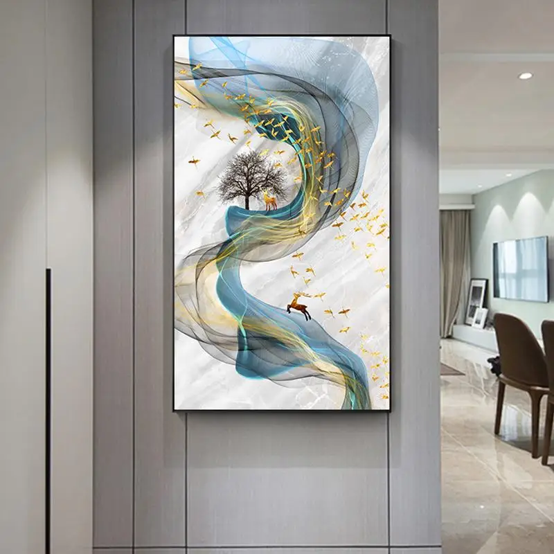 

Abstract Golden Deer Painting Tableaux Big Size Poster Blue Print Gold Wall Art Picture F Living Room Modern Cuadros Canvas Art