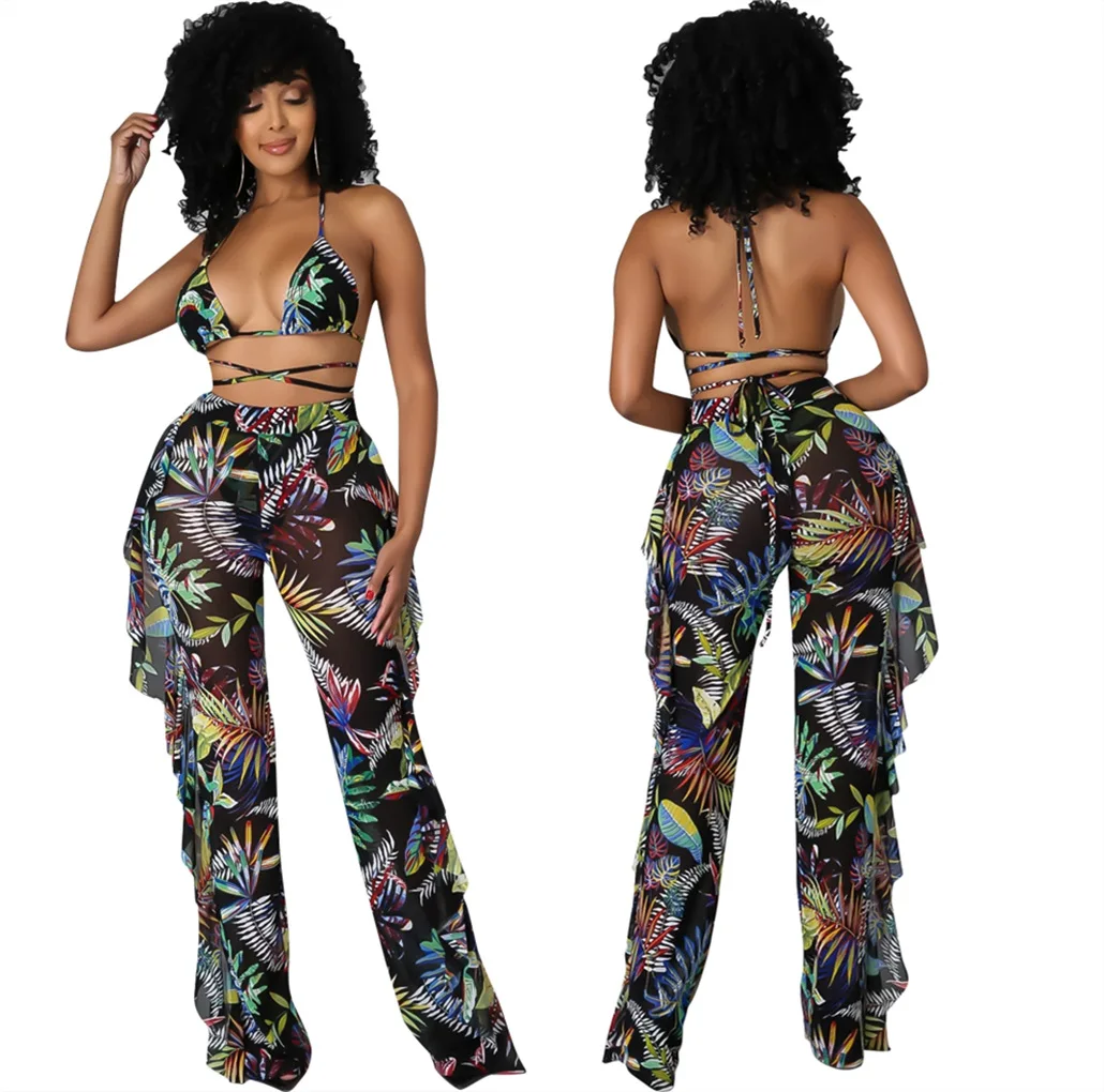 

Wholesale womens plus sized sets sexy digital printing three piece swimwear mesh sleeveless pant set womens clothing, Black
