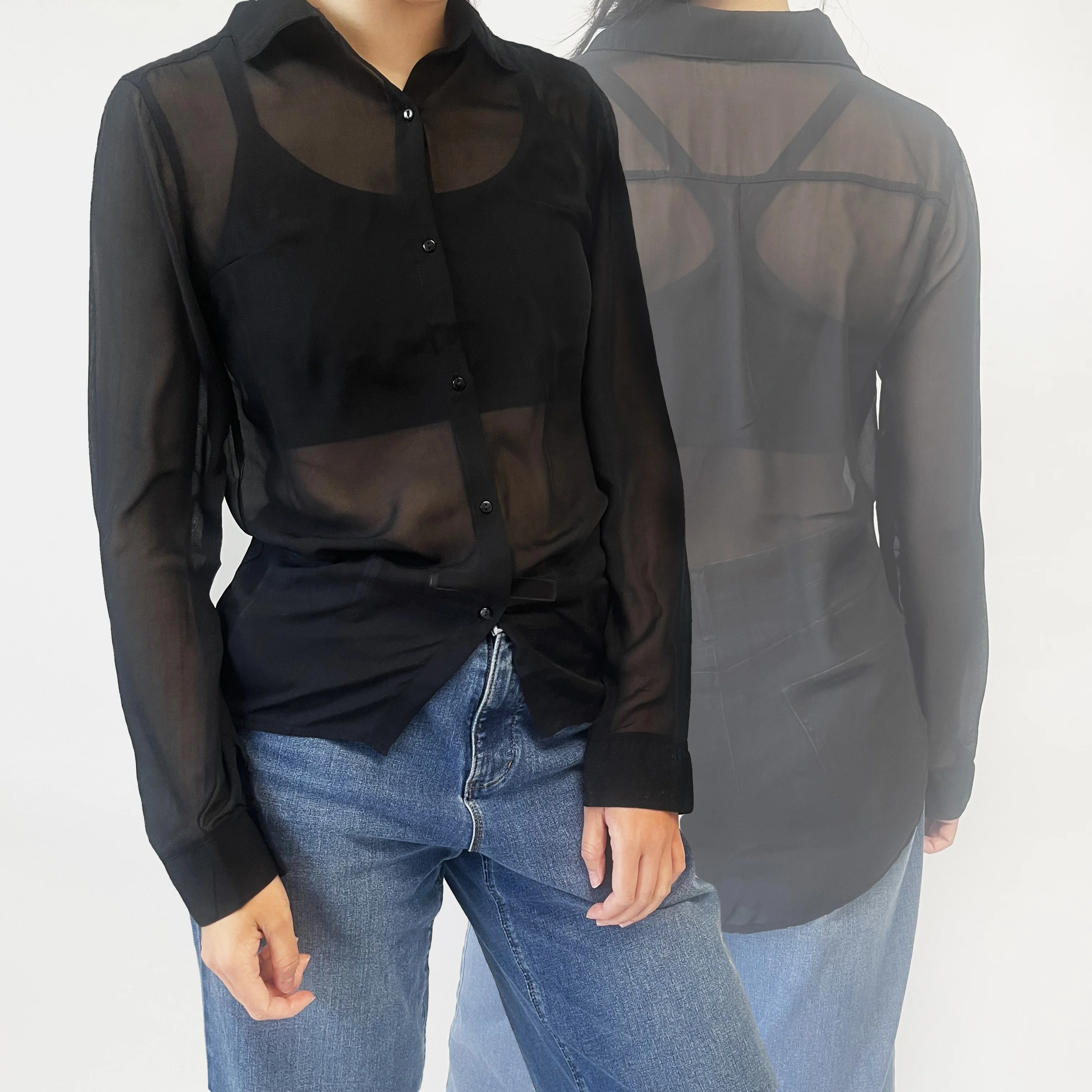 

Sexy Black Translucent Polyester Georgette Polo Neckline Shirt Button Long-Sleeved Blouse Shirt Female