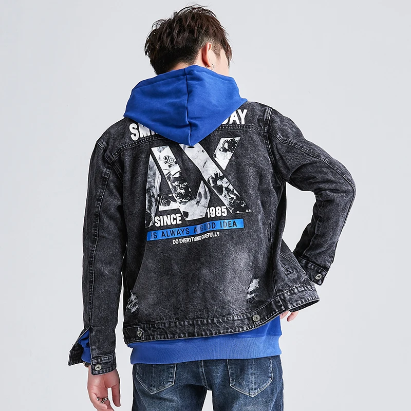 

In stock new fashion stylish distressed letter printed slim fit wholesale denim jean jackets for men, Customized color