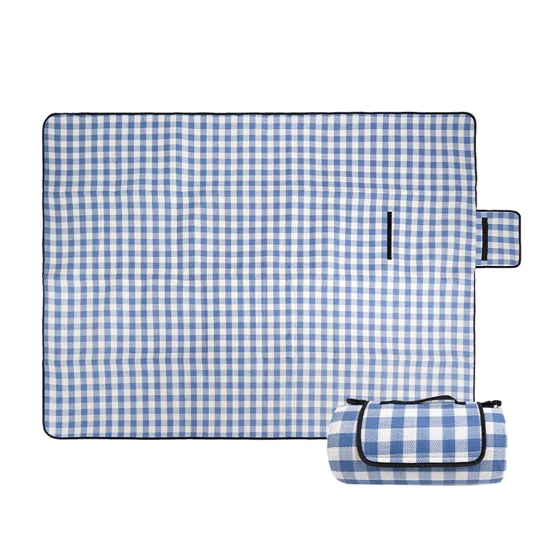 

Ready to Ship Outdoor Waterproof Acrylic Fleece Picnic Blanket with Blue Checks