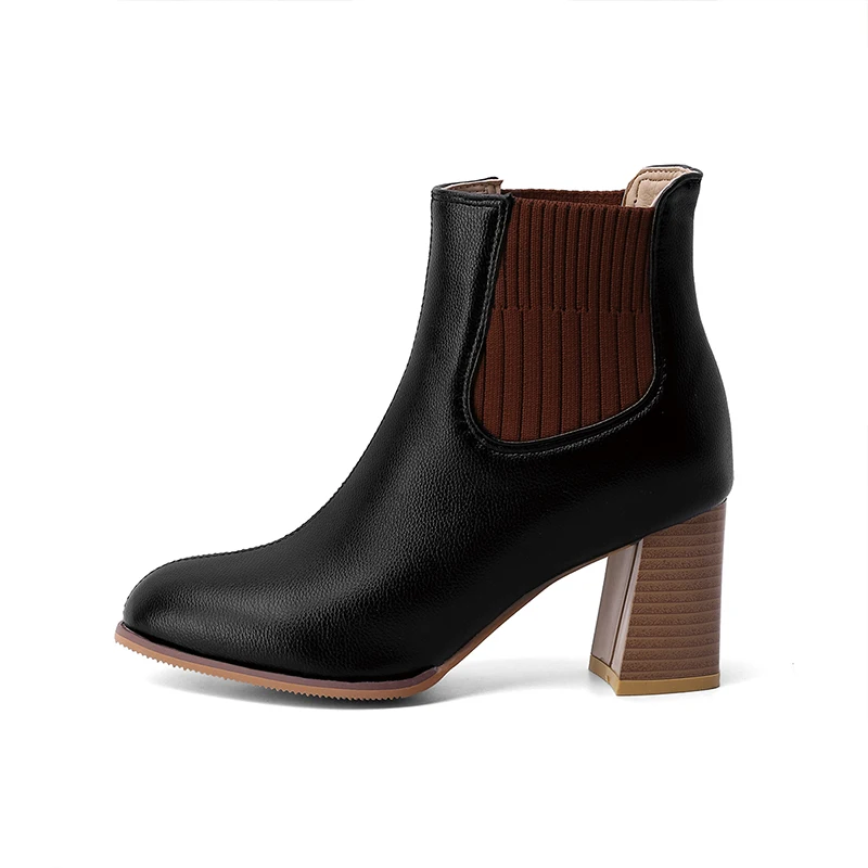 

Black Leather Short Boots Pointy Toe Wooden Block Heel Ankle Boots, Black ecru