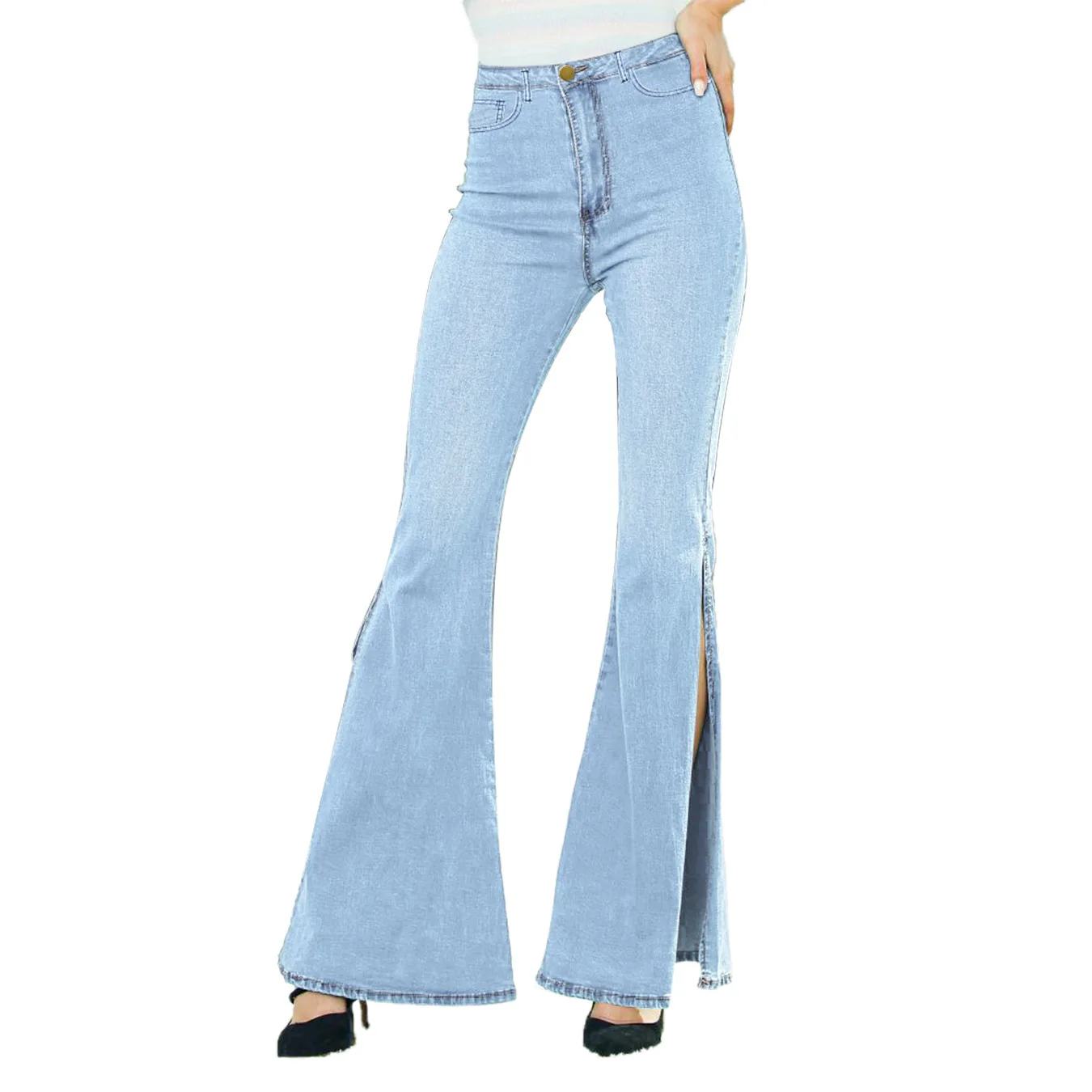 

Wholesale Flared Trousers Side Split Denim 5 Colors Slim Fit Zipper Sexy Casual High Waist Jeans For Women