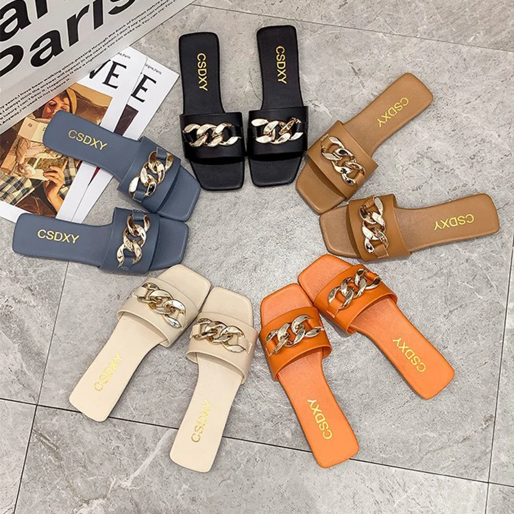 

2022 Wholesale Fashion Resin Chain Casual Summer Beach Sandals Shoes For Women And Ladies Slip On Pu Leather Flat Slide Sandal