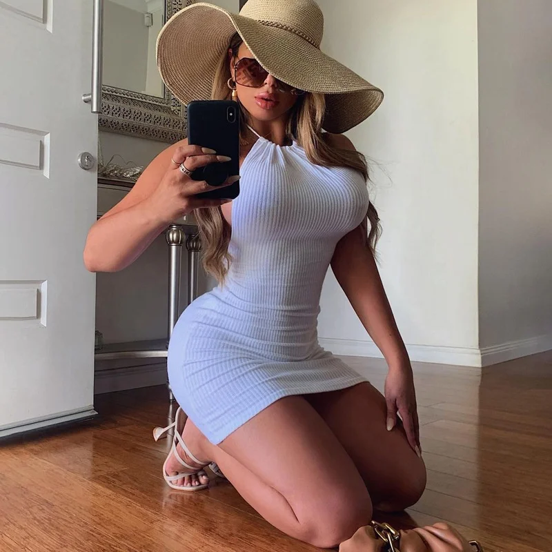 

2021 Summer New Arrivals Women Sexy Slim Halter Skirt Solid Color Mini Dress