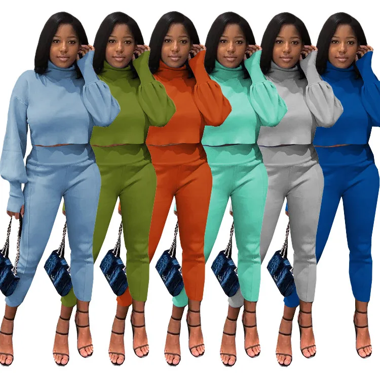 

Trendy Lady Tracksuit Turtleneck 2pc Set Long Sleeve Thick Warm Spring Women Two Piece Pants Set, Picture