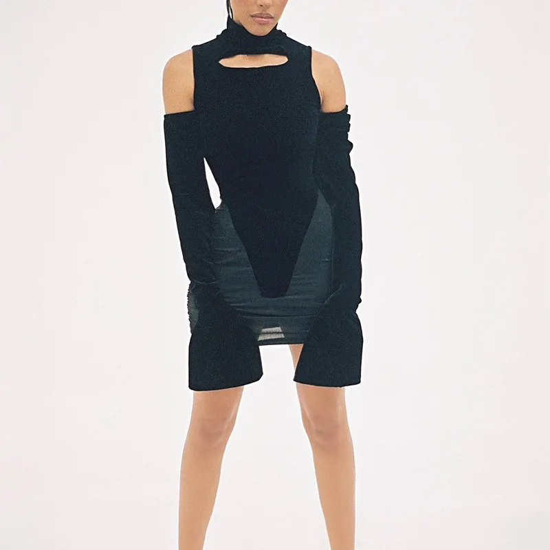 

Wholesale spring casual party prom trendy bodycon strapless long sleeve black hollow out mini dresses for women, Photos show