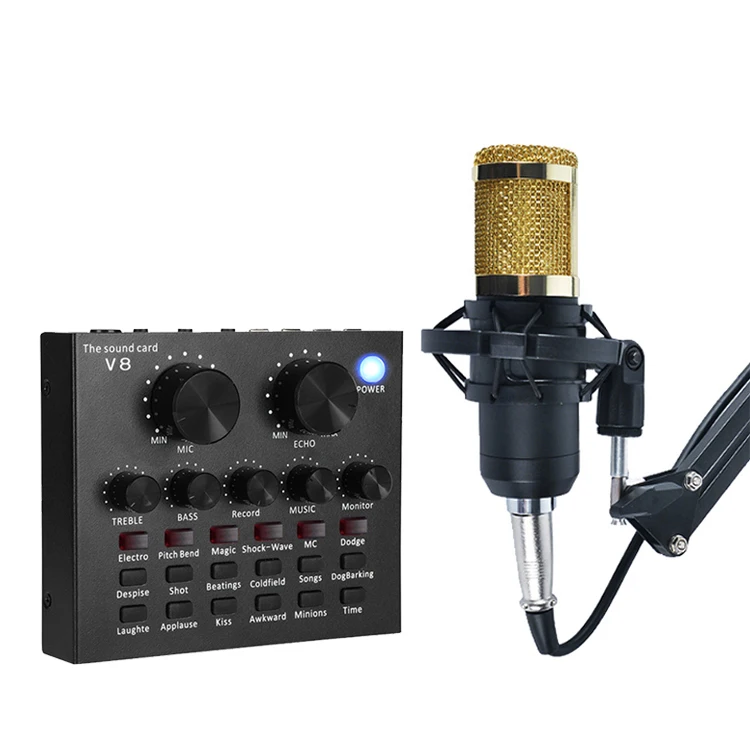 

BM800 condenser microphone sound card set V8 English version live broadcast device USB anchor K song mobile computer, Black