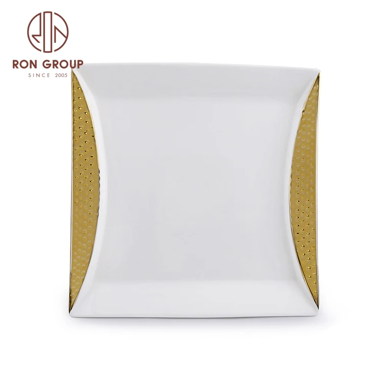 

Supplies popular square white luxury gold rim ceramic plate for wedding