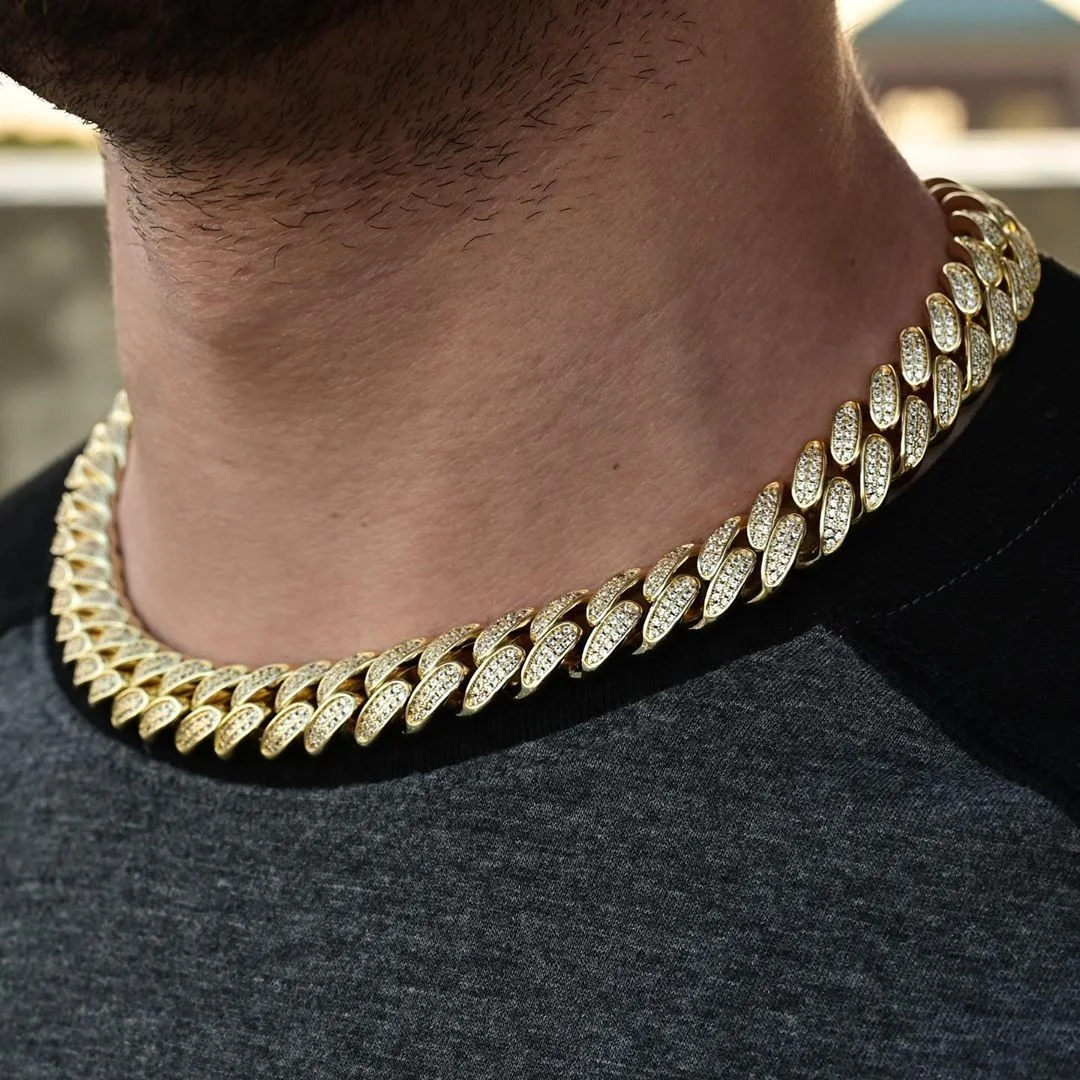 

18mm wide cuban chain necklace for men hip hop chain jewelry with bling cz stone paved long miami chain necklace for boys, Black