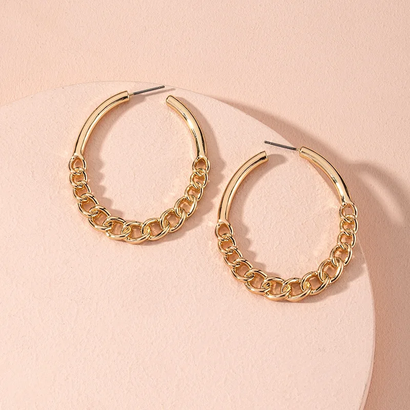 

Fashionable Female Accessory Cuban Chain Big Circle Earrings Curb Link Chain Hollow Hoop Earrings