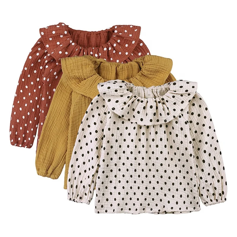 

B52112A Spring new product children little girls fashion dot cotton and linen shirt, Red/beige/yellow