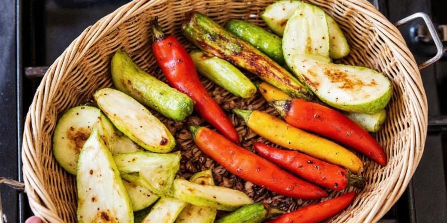 A wooden cutting board with neatly sliced bell peppers, zucchini, eggplant, and onions
