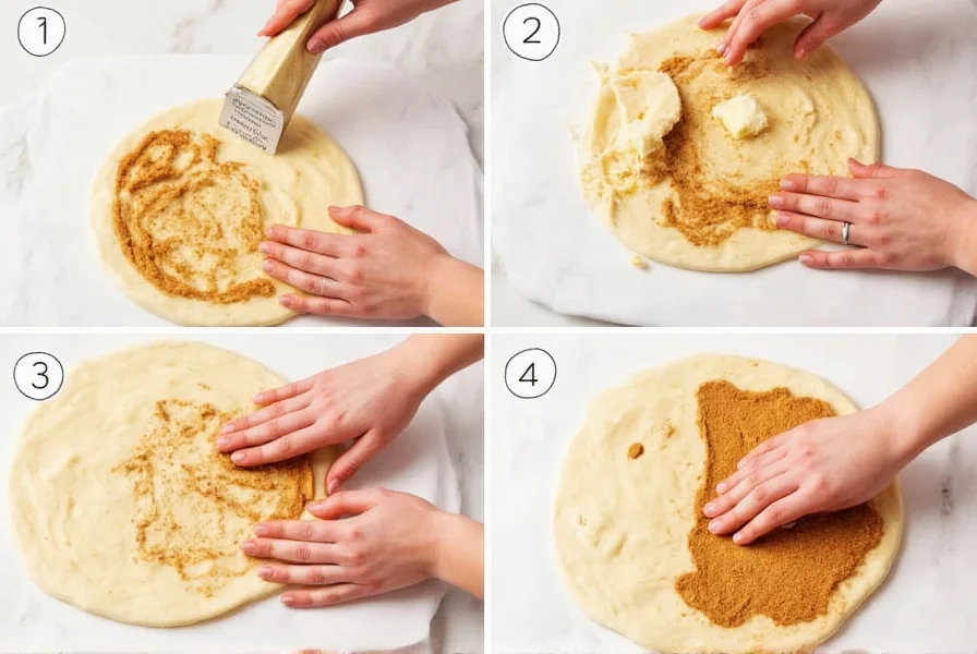 Step-by-step visual guide showing proper cinnamon roll filling distribution technique with softened butter and cinnamon sugar mixture spread evenly on rolled dough