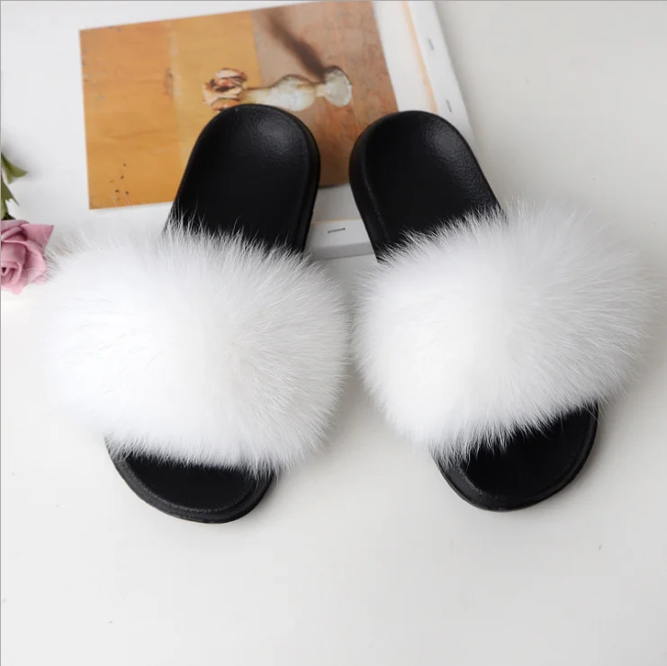 

Factory direct sales high quality cheap luxury branded logo personalized fancy furry fur slides fox fur slippers for girls, Customized color