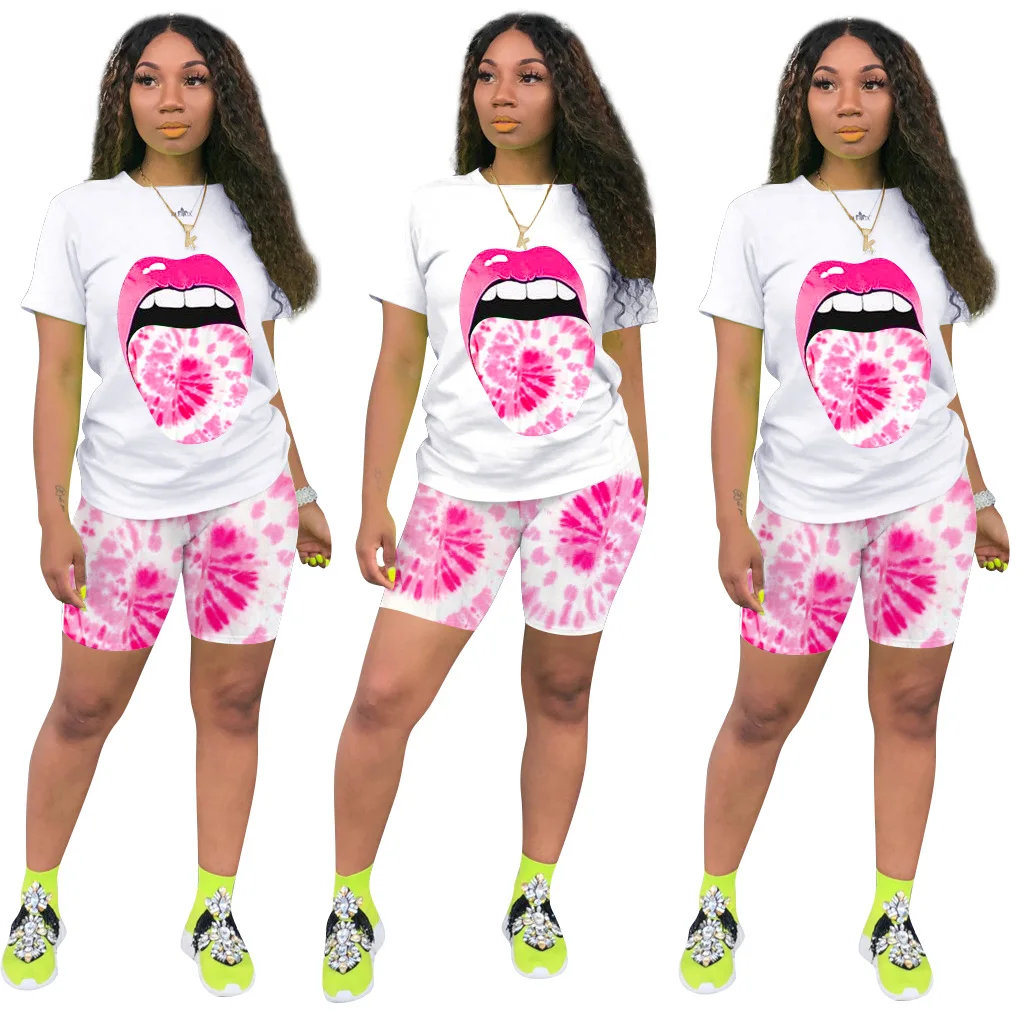 

Hot Selling Women 2piece Summer Sets For Women Lounge Wear Lips Print Set