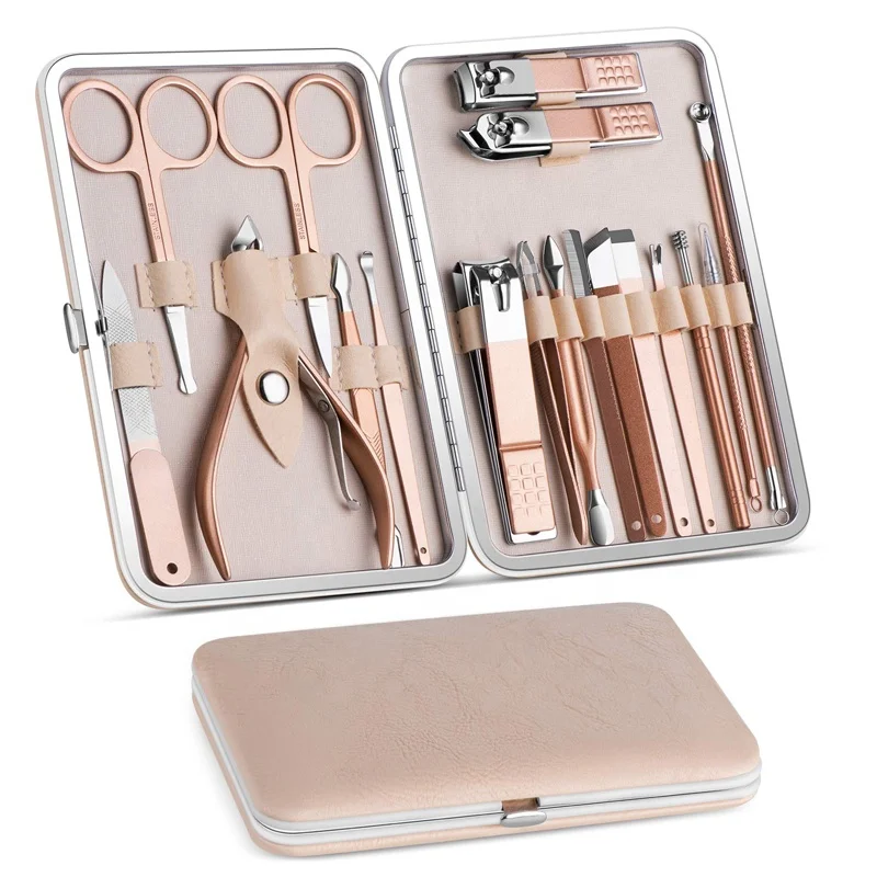 

2020 Manicure Set Pedicure Kit 18 In 1 Nail Clippers Rose Gold Professional Grooming Kit Nail Tools Luxurious Pink Travel Case, Light pink, rose gold, or other custom colors