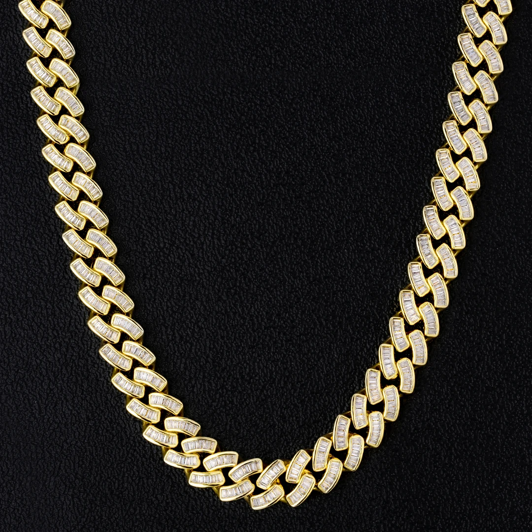 

KRKC 12mm White/14K Gold Plated Baguette 5A CZ Iced Out Diamond Hip Hop Jewelry Cuban Link Chain