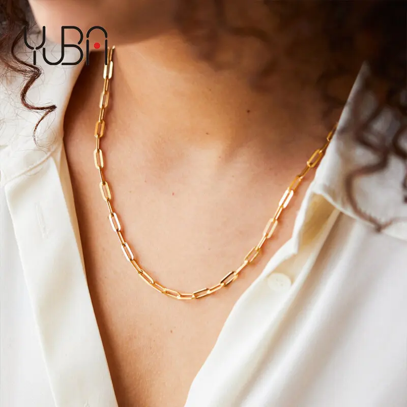 

14K Gold Plated Stainless Steel Necklace Cuban Paperclip Link Chain Choker Necklace Women Jewelry, Silver / gold / rose gold