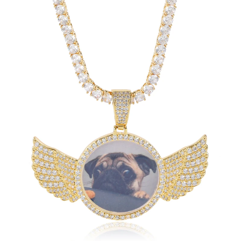 

Hip Hop Custom Iced Out cz rhinestone wing picture frame Diy sublimation photo pendant blank big charms necklace for woman