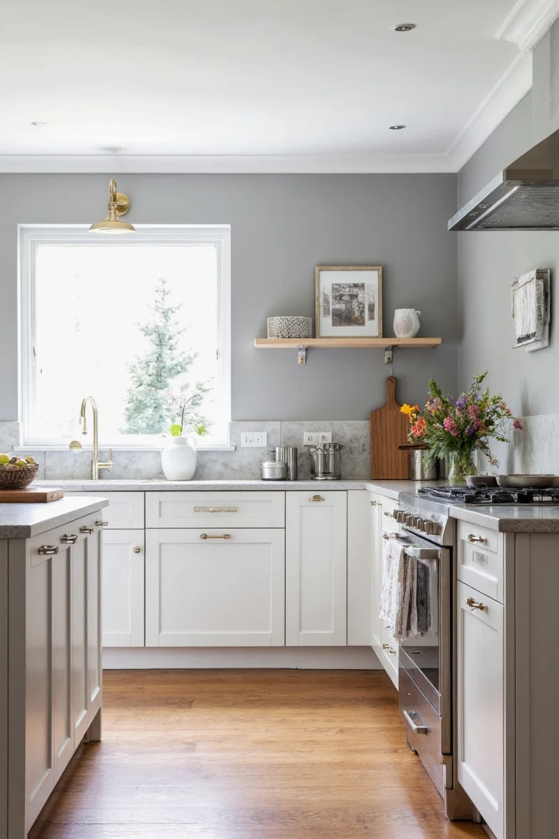 Kitchen with open wood shelves and kid-safe dishes