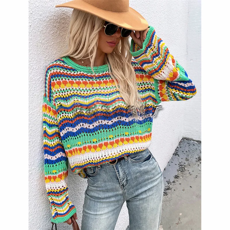 

J109079 2021 autumn and winter knitted sweater loose intercolor foreign trade round neck stripe sweater women, Black