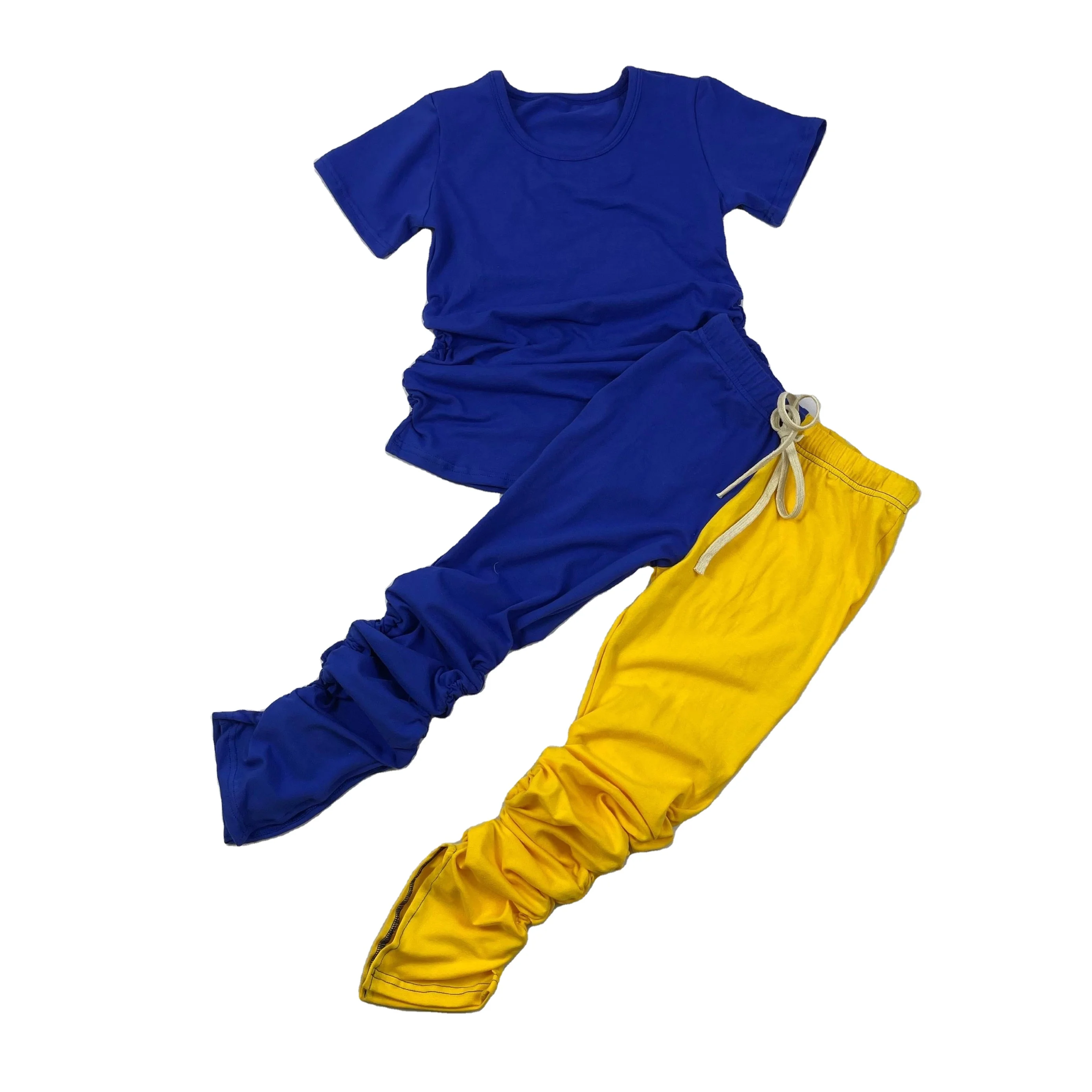 

QL2020 Wholesale Fashion kid two piece cotton set solid top +splicing color stack pants boy sportswear outfits kid boutique, Picture