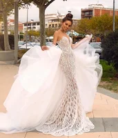 

Beading Mermaid Long Train Sexy Backless Lace Detachable Train Wedding Dresses Bridal Mermaid Dress