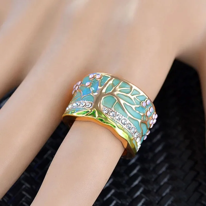 

Hot Lucky Flower Tree Rings Fashion Gold Pink Opal Green Enamel Wide Ring For woman Party Crystal Vintage Jewelry