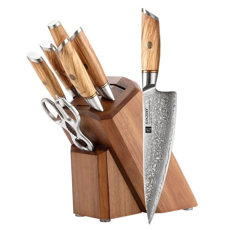 

XINZUO New 8 pcs Damascus Powder Steel 73 Layers Olive Handle Kitchen Chef Knife Set Sharpener Scissors with Knives Holder