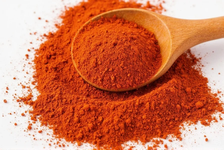 Close-up of red chili powder in glass jar with measuring spoon and fresh chilies