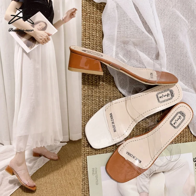 

RTS 2020 China Supply Good Quality Summer women crystal open transparent clear block heel sandals for ladies, Beige,brown