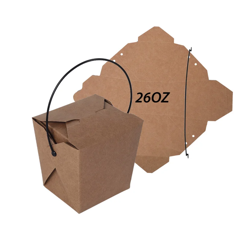 

Eco Friendly Amazon Disposable Food Paper 26oz Fold Kraft Paper Noodles Takeaway Box with Handle