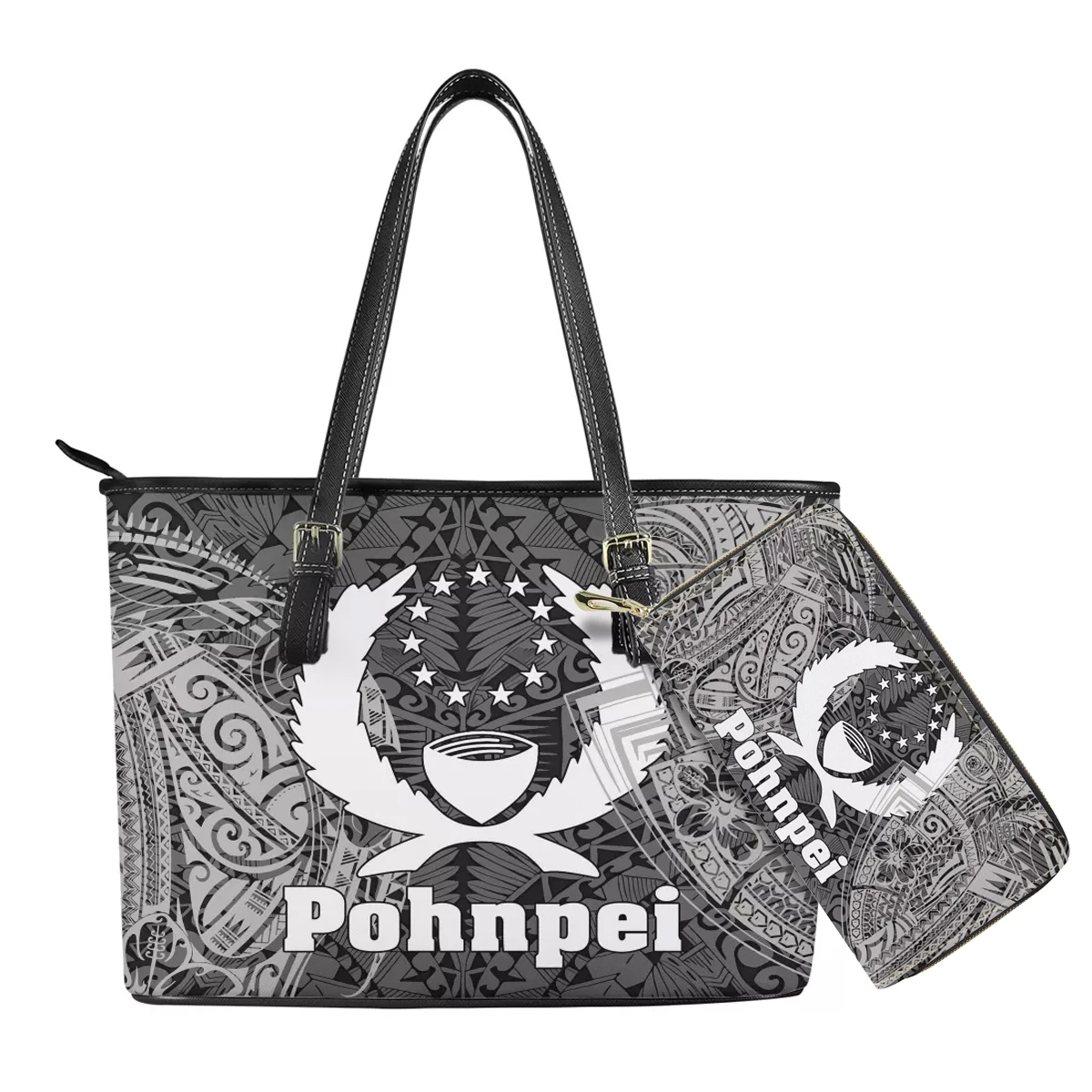 

Wholesale PU leather purse and wallet Pohnpei print handbags and purses(2pcs/set)Luxury design lady travel bag custom logo, Customizable