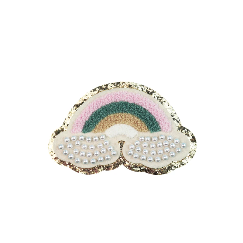 

Custom letter applique Rainbow sew beads and white clouds cartoon clothing jacket fashion for clothes chenille patches, Custom color