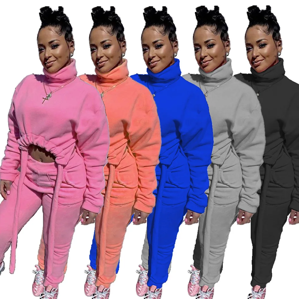 

2020 Winter Thick Drawstring Women Sweatsuit 2 Piece With Pockets, Orange, pink, blue, gray, black