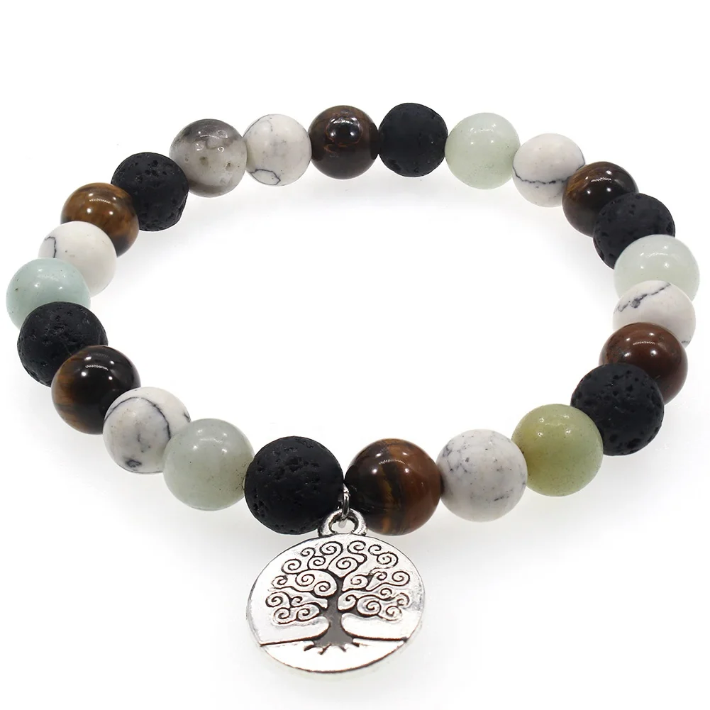 

Life Tree Natural Stone Bracelet  Lava Amazonium Tiger Eye Howlite Beaded Charm Stretch Bracelets Wholesale