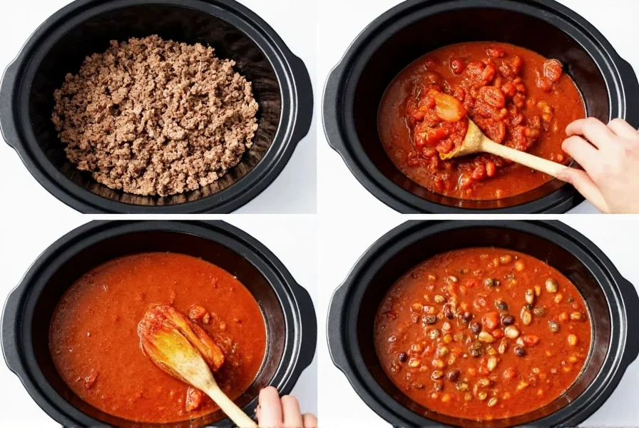 Step-by-step crockpot chili recipe with ground beef, beans, and tomatoes in slow cooker