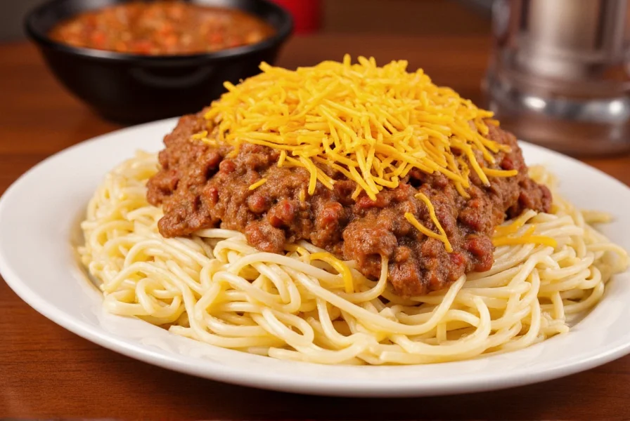 Skyline Chili 3-Way plate showing spaghetti topped with chili and cheese