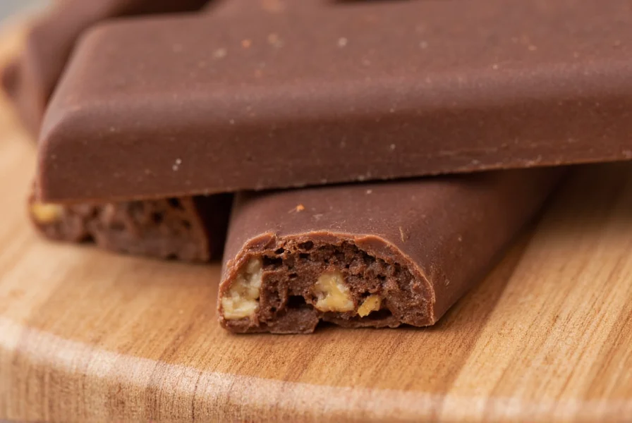 Close-up of artisan chocolate bar with visible cardamom specks on wooden cutting board