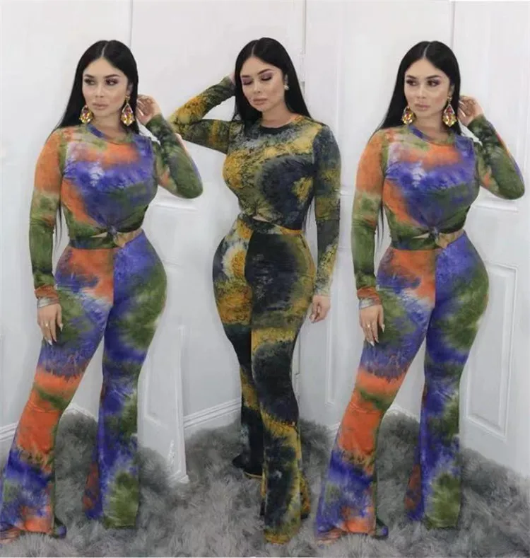 

YQ730 free shipping casual tie dyed print knitted high neck Fashion Outfits Woman Two Piece Pants Suit Set, As shown
