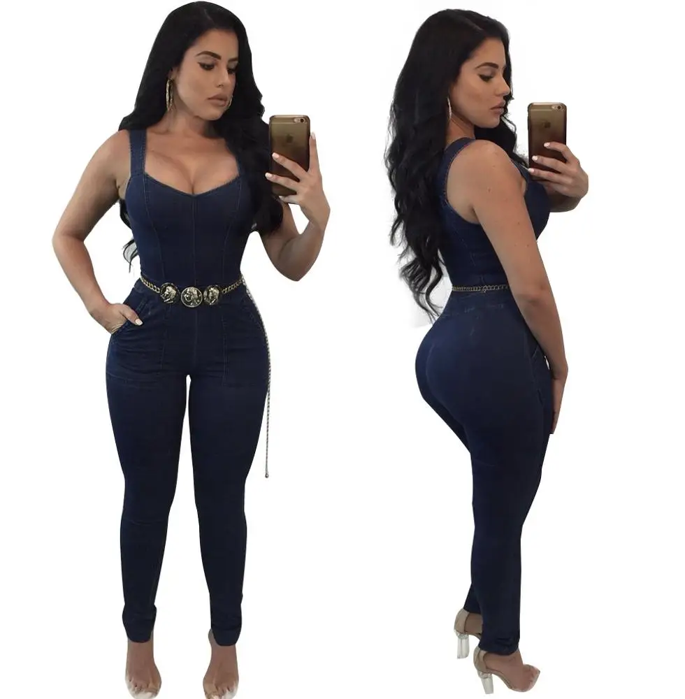

Wholesale denim jumpsuit women sexy sleeveless skinny jean jumpsuit ladies with pockets, Blue