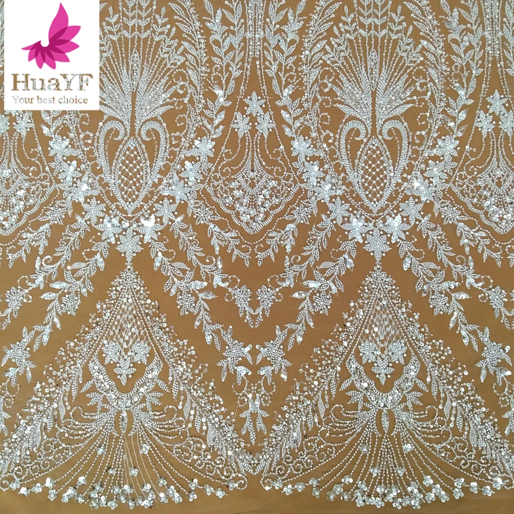HY3155 Luxury Exclusive French Heavy 3d Beaded Pearls Lace with Sequins Shining White Wedding Bridal Lace Dress Fabric