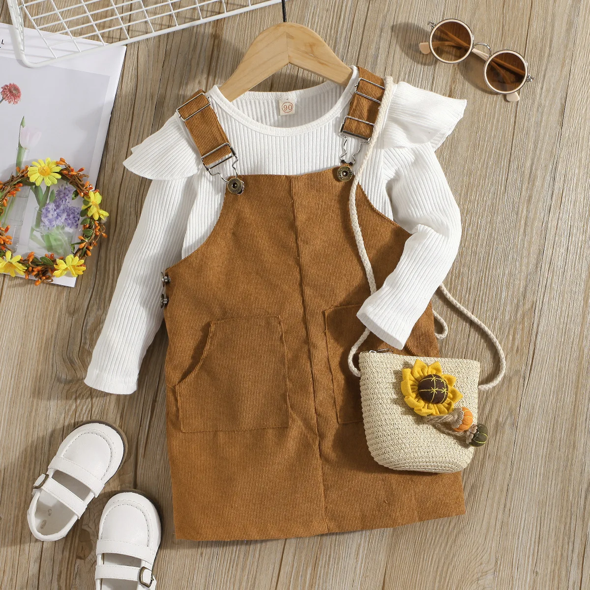 

Toddler Girls Clothing set Infant solid ruffles long sleeve rib shirt and sleeveless corduroy overalls skirt 2 pcs set for kids, Picture shows